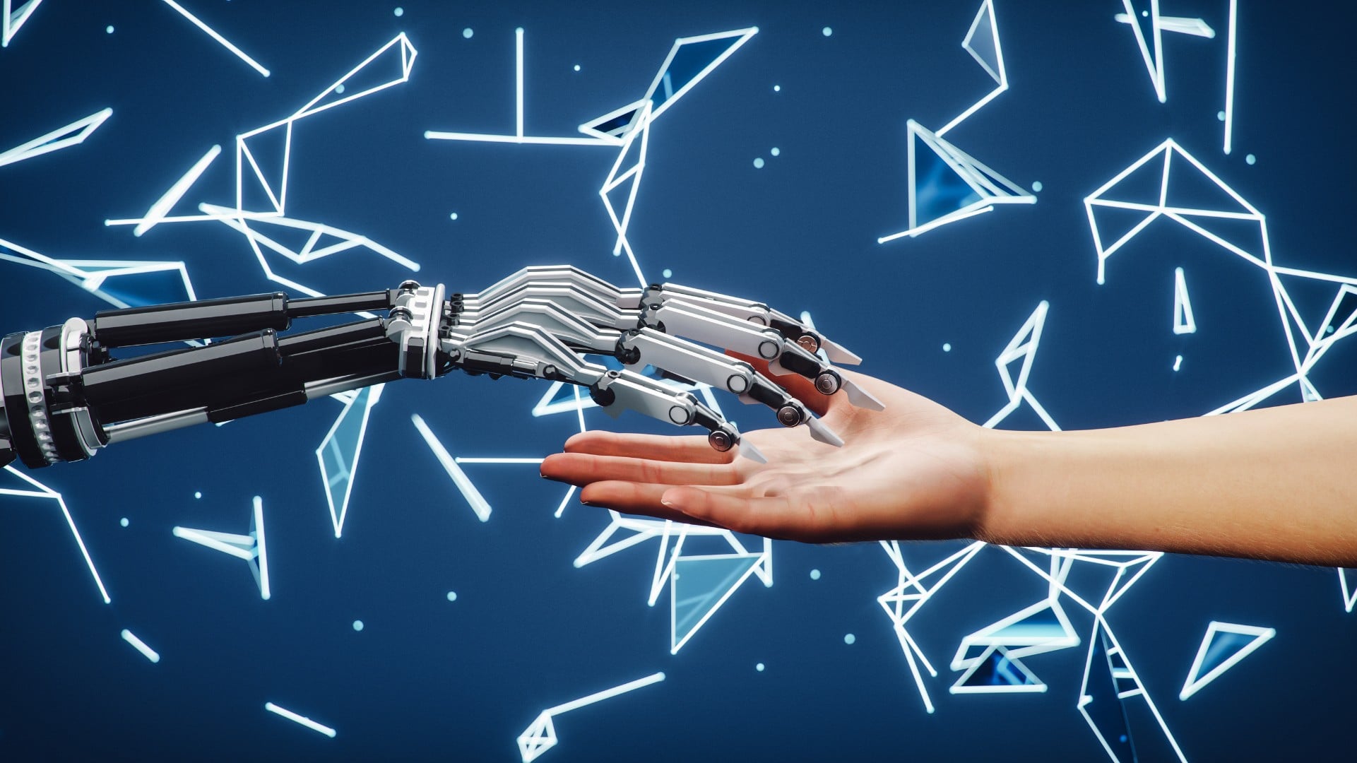 Immagine con due mani, una umana e una robotica, simbolo di AI Generativa