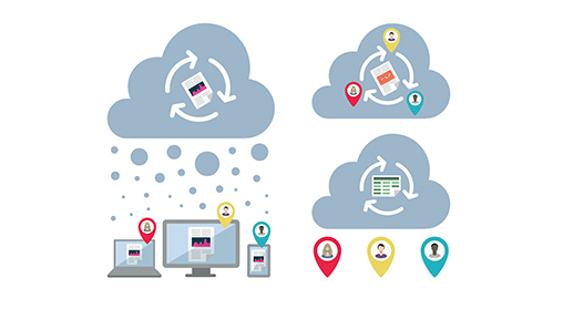 Grafico schematico del flusso di dati tra server cloud e dispositivi client, che illustra il backup dei dati, la collaborazione multicanale e la condivisione di risorse (documenti, report e fogli di calcolo).