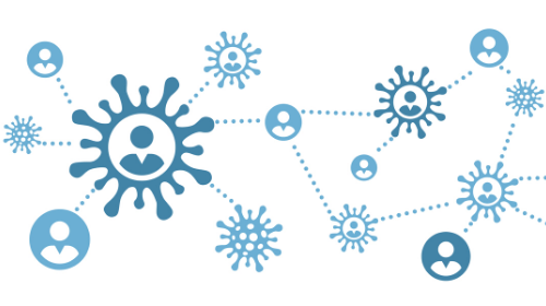 Un'illustrazione vettoriale minimalista su sfondo bianco che utilizza icone celesti per rappresentare visivamente il concetto di diffusione di un virus all'interno di una rete sociale o di contatti umani.