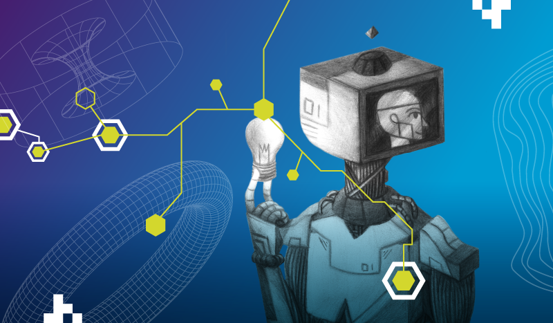 illustrazione grafica digitale non contenente testo leggibile, ma caratterizzata da elementi visivi concettuali legati alla tecnologia e all'intelligenza artificiale
