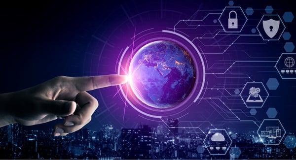 una composizione grafica a tema tecnologico, cybersecurity e connettività globale