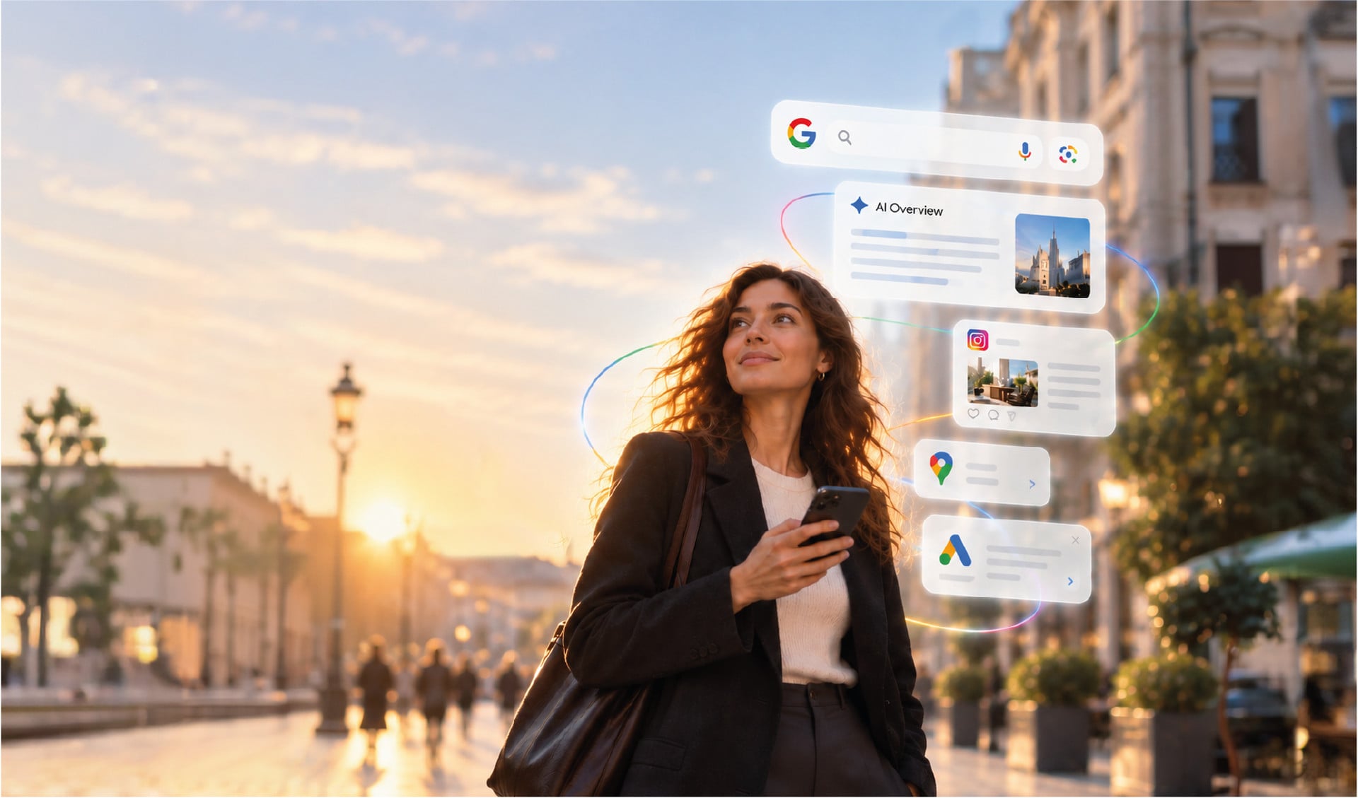 Foto di una donna con smartphone in una città al tramonto, circondata da elementi digitali di Google, AI Overview, Instagram, Maps e Google Ads.