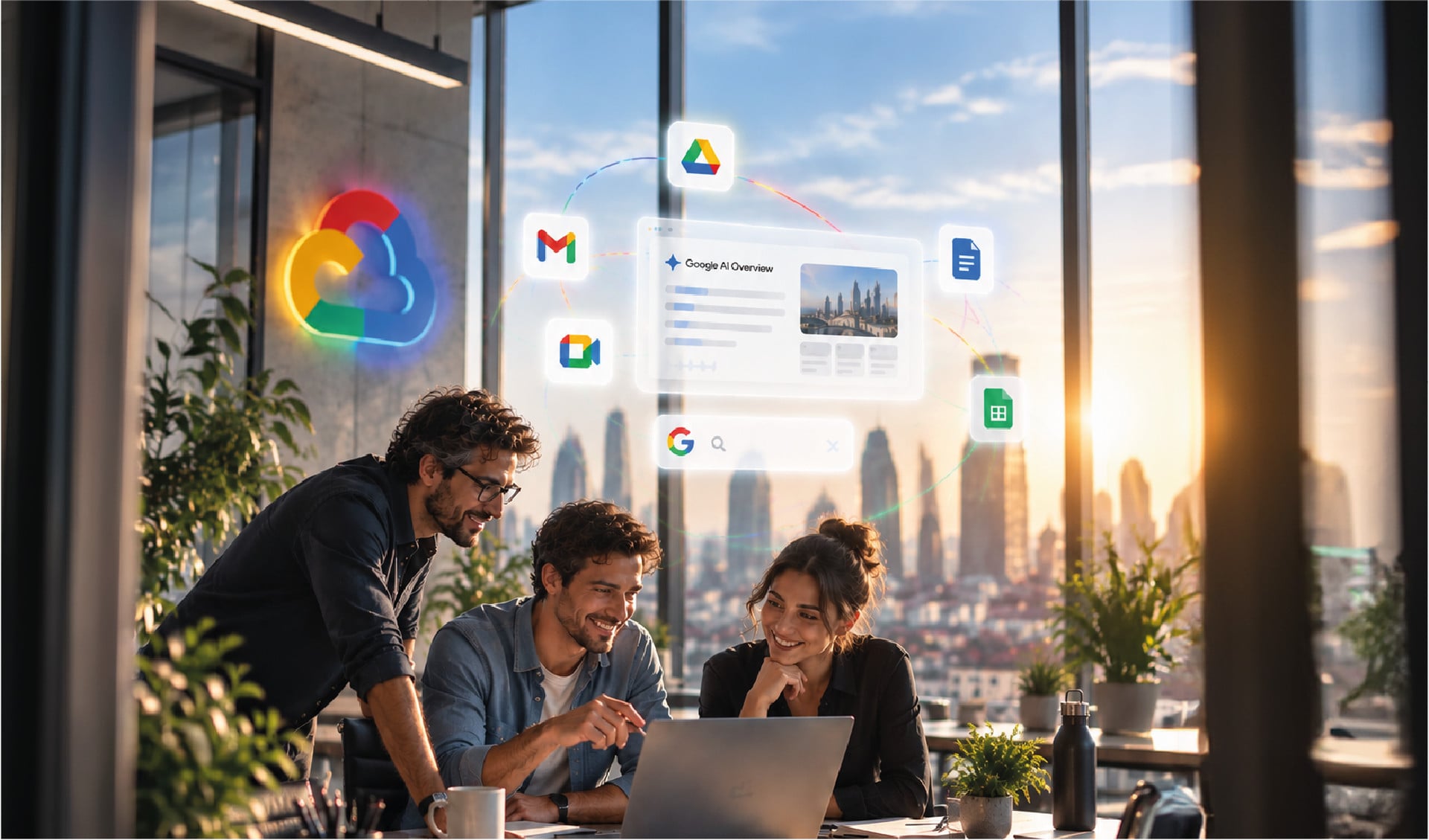 Foto di un team al lavoro su laptop in ufficio panoramico, con elementi digitali di Google Workspace e AI Overview.